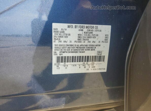 2FMPK3K98KBC16343 2019 FORD EDGE Blue Vista de la etiqueta del VIN