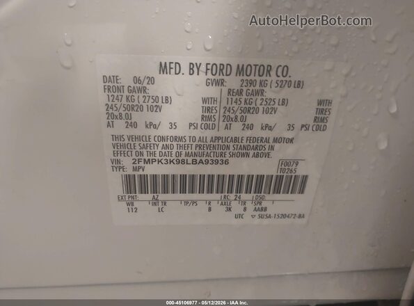 2FMPK3K98LBA93936 2020 FORD EDGE Белый Вид подкапотного пространства