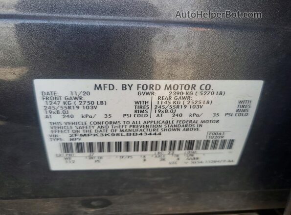 2FMPK3K98LBB43444 2020 FORD EDGE Gray VIN sticker view