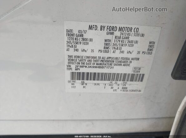 2FMPK3K99HBB71731 2017 FORD EDGE White Engine compartment view