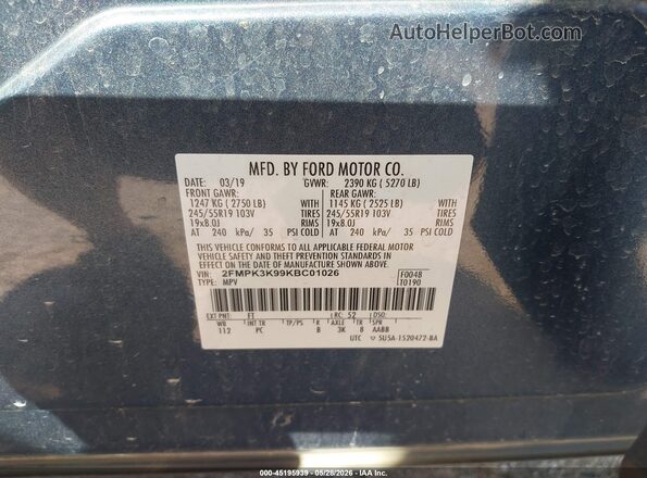 2FMPK3K99KBC01026 2019 FORD EDGE Blue Widok komory silnika