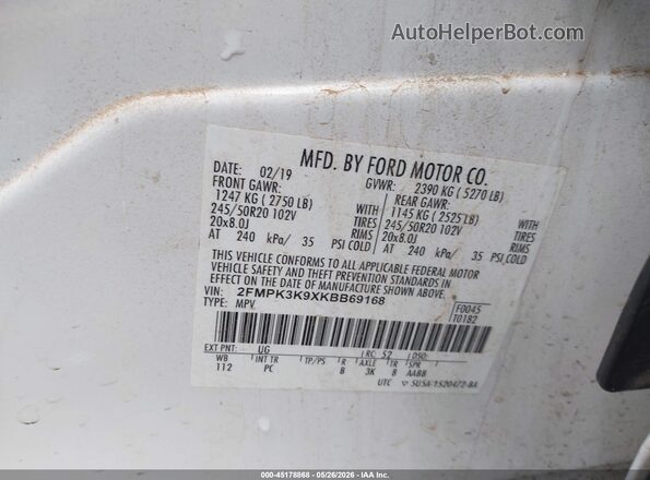 2FMPK3K9XKBB69168 2019 FORD EDGE White Engine compartment view