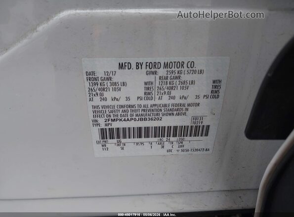 2FMPK4AP0JBB36202 2018 FORD EDGE White ძრავის განყოფილების ხედი