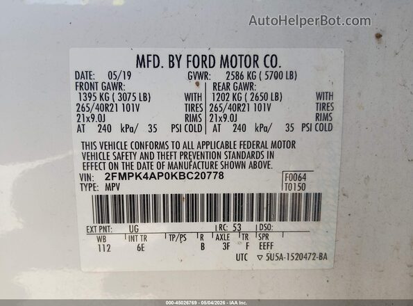2FMPK4AP0KBC20778 2019 FORD EDGE White Вид підкапотного простору