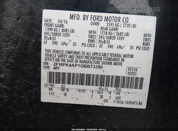2FMPK4AP1GBB73350 2016 FORD EDGE Black Widok komory silnika