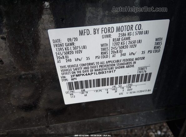 2FMPK4AP1LBB31917 2020 FORD EDGE Черный Вид подкапотного пространства