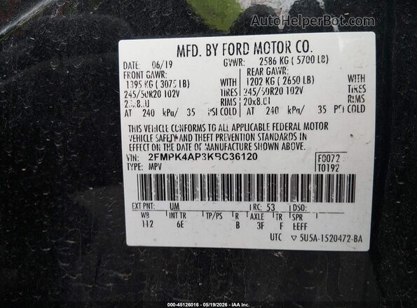 2FMPK4AP3KBC36120 2019 FORD EDGE Black Widok komory silnika