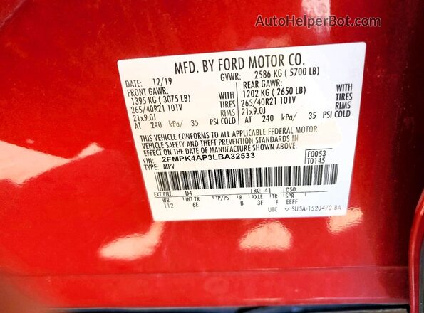 2FMPK4AP3LBA32533 2020 FORD EDGE Red 