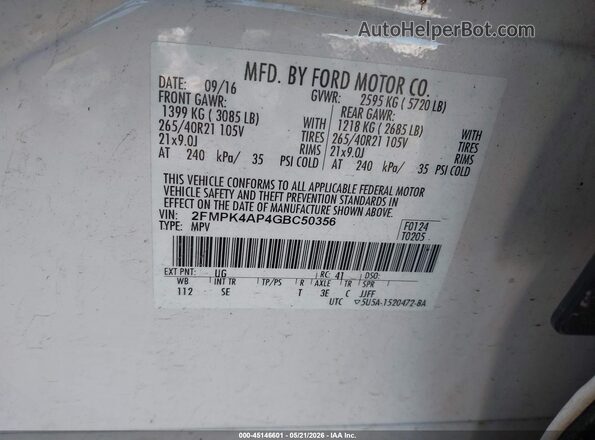 2FMPK4AP4GBC50356 2016 FORD EDGE Белый Вид подкапотного пространства