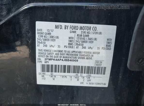 2FMPK4AP4JBB46909 2018 FORD EDGE Black Widok komory silnika