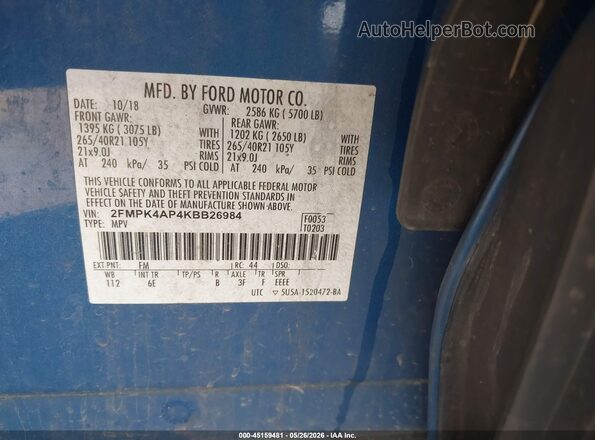 2FMPK4AP4KBB26984 2019 FORD EDGE Blue Vista del compartimento del motor