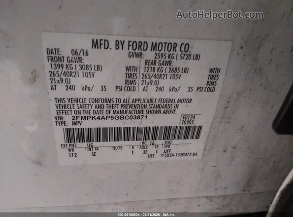 2FMPK4AP5GBC03871 2016 FORD EDGE White Vista del compartimento del motor