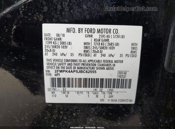 2FMPK4AP5JBC62555 2018 FORD EDGE Black Շարժիչի բաժամունքի տեսք