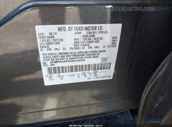 2FMPK4AP6KBC49959 2019 FORD EDGE Gray Շարժիչի բաժամունքի տեսք