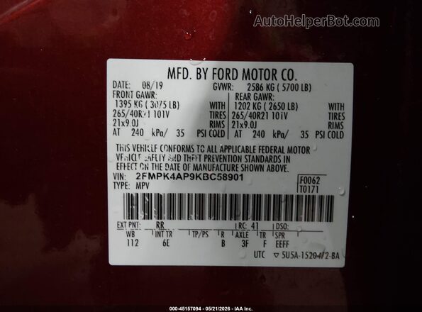 2FMPK4AP9KBC58901 2019 FORD EDGE Red Vista del compartimento del motor