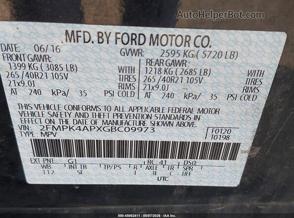 2FMPK4APXGBC09973 2016 FORD EDGE Black ძრავის განყოფილების ხედი
