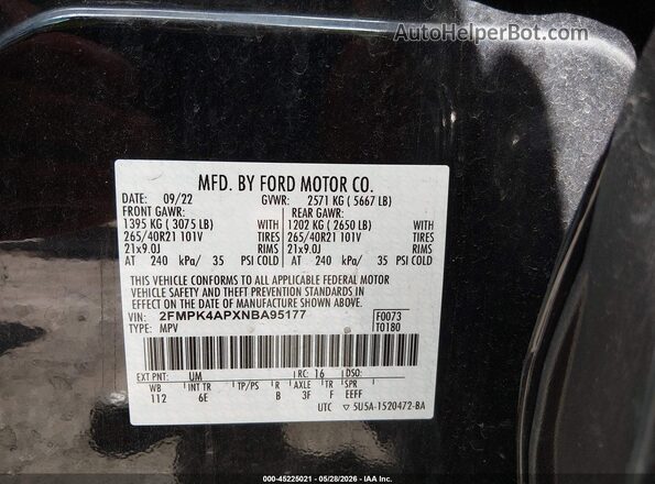 2FMPK4APXNBA95177 2022 FORD EDGE Black Вид підкапотного простору