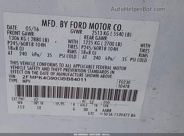 2FMPK4G90GBB84011 2016 FORD EDGE White Widok komory silnika