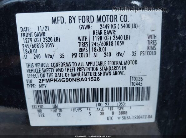 2FMPK4G90NBA01526 2022 FORD EDGE Black 
