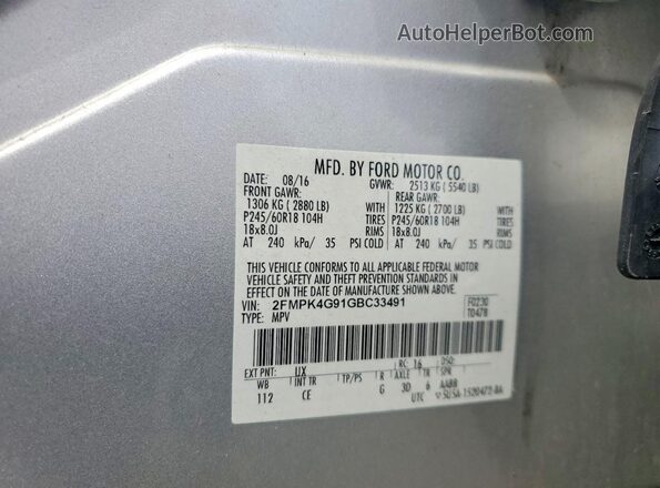 2FMPK4G91GBC33491 2016 FORD EDGE Silver VIN კოდის სტიკერის ხედი