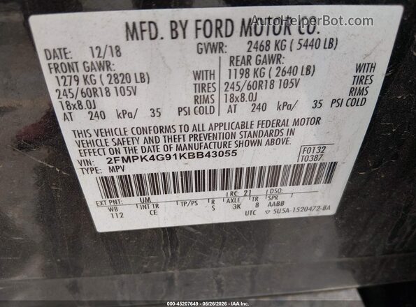 2FMPK4G91KBB43055 2019 FORD EDGE Black Engine compartment view
