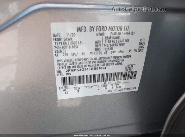 2FMPK4G91LBB61024 2020 FORD EDGE Silver Շարժիչի բաժամունքի տեսք