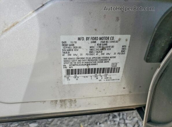 2FMPK4G92KBB30881 2019 FORD EDGE Silver Engine compartment view
