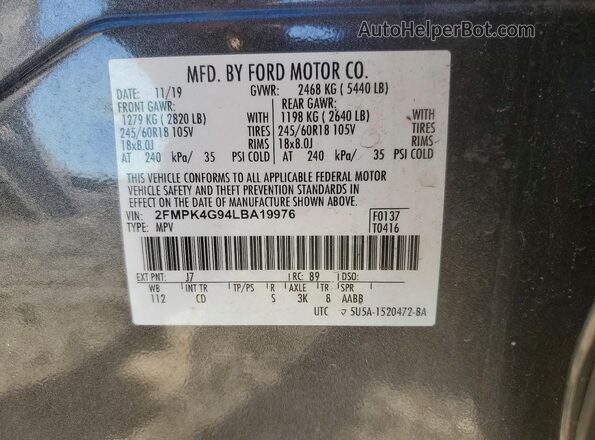2FMPK4G94LBA19976 2020 FORD EDGE Gray Vista interior de 360 grados