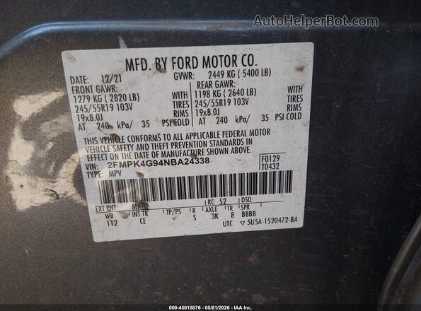2FMPK4G94NBA24338 2022 FORD EDGE Gray Engine compartment view