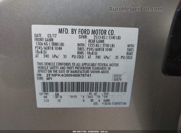 2FMPK4G95HBB78741 2017 FORD EDGE Champagne Engine compartment view