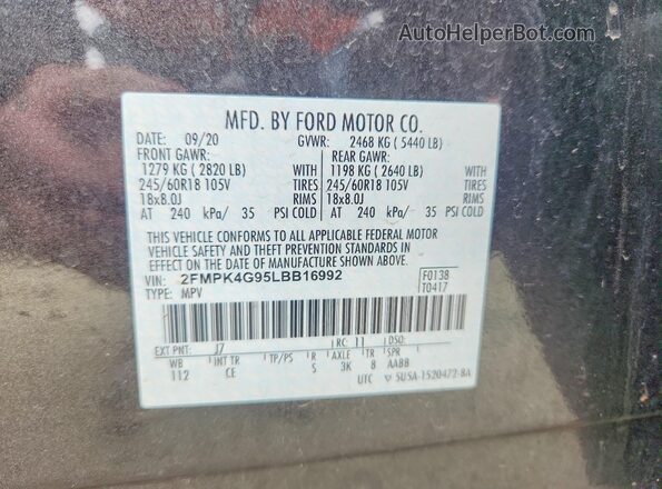 2FMPK4G95LBB16992 2020 FORD EDGE Gray Vista de la etiqueta del VIN