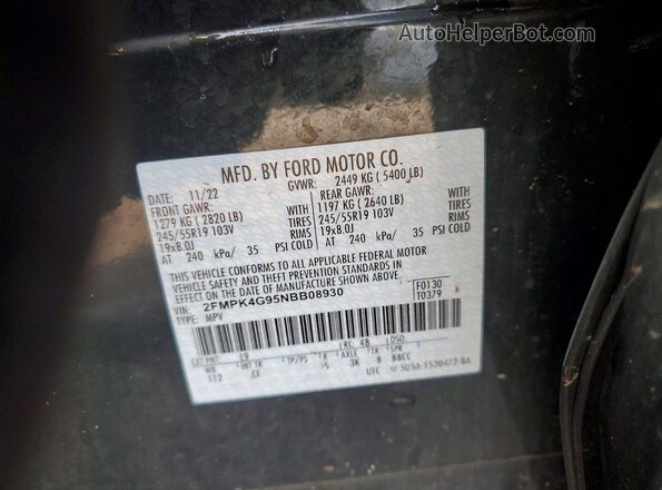 2FMPK4G95NBB08930 2022 FORD EDGE Charcoal Vista de la etiqueta del VIN