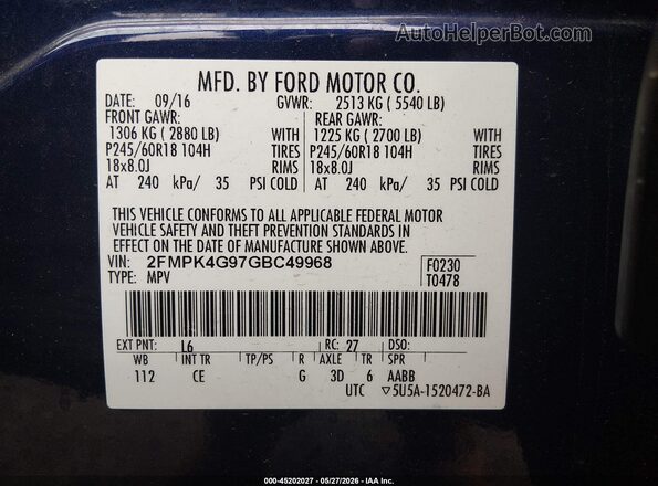 2FMPK4G97GBC49968 2016 FORD EDGE Blue 