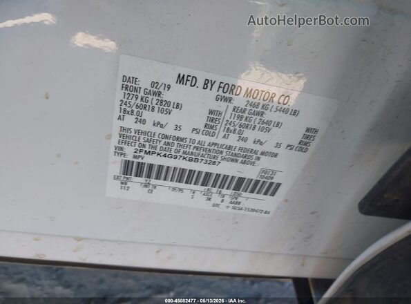 2FMPK4G97KBB73287 2019 FORD EDGE White Vista del compartimento del motor