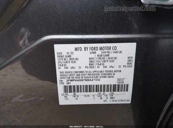 2FMPK4G97NBA27332 2022 FORD EDGE Gray Engine compartment view