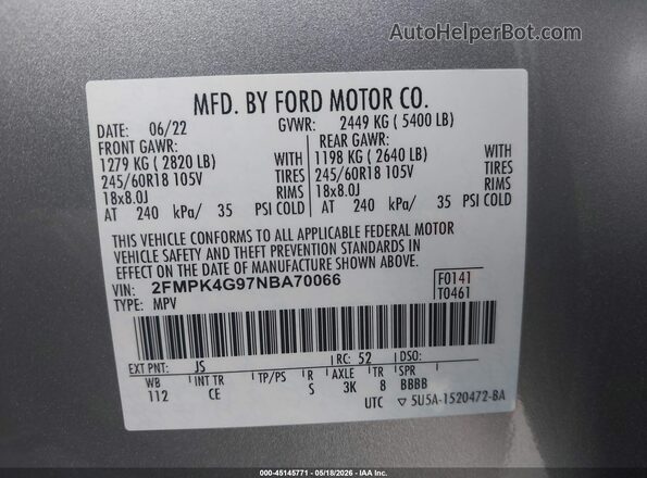 2FMPK4G97NBA70066 2022 FORD EDGE Серебряный Вид подкапотного пространства