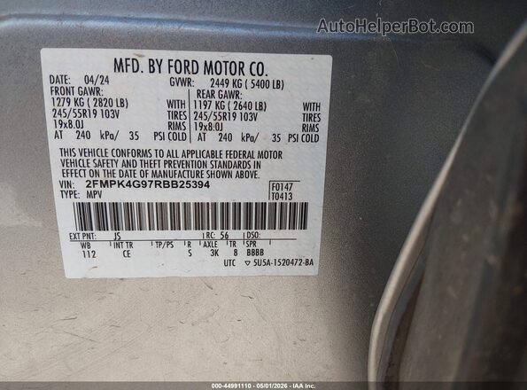 2FMPK4G97RBB25394 2024 FORD EDGE Silver Vista del compartimento del motor