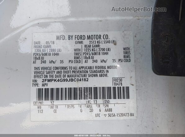 2FMPK4G99JBC04182 2018 FORD EDGE White Вид підкапотного простору