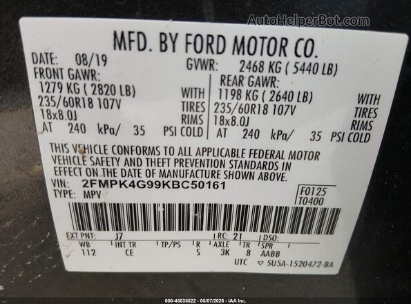 2FMPK4G99KBC50161 2019 FORD EDGE Gray Շարժիչի բաժամունքի տեսք
