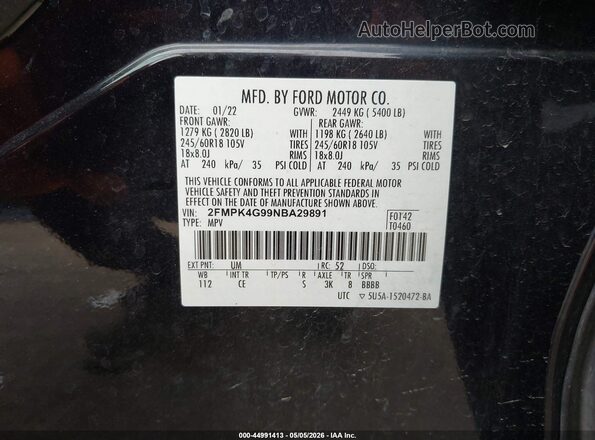 2FMPK4G99NBA29891 2022 FORD EDGE Black Շարժիչի բաժամունքի տեսք