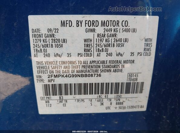 2FMPK4G99NBB08736 2022 FORD EDGE Blue Вид підкапотного простору