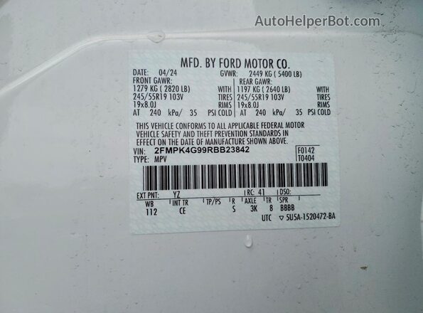 2FMPK4G99RBB23842 2024 FORD EDGE White Widok naklejki z numerem VIN