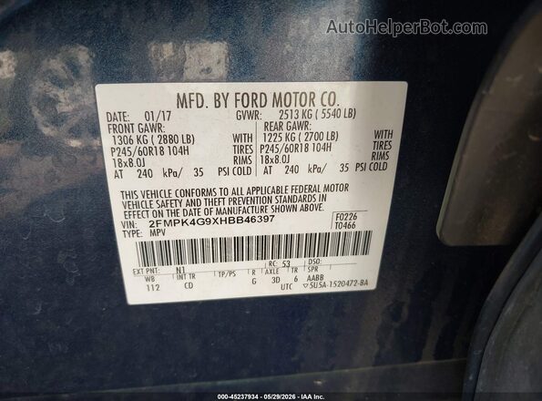 2FMPK4G9XHBB46397 2017 FORD EDGE Blue Vista del compartimento del motor