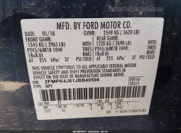 2FMPK4J81JBB49596 2018 FORD EDGE Light Blue Vista del compartimento del motor