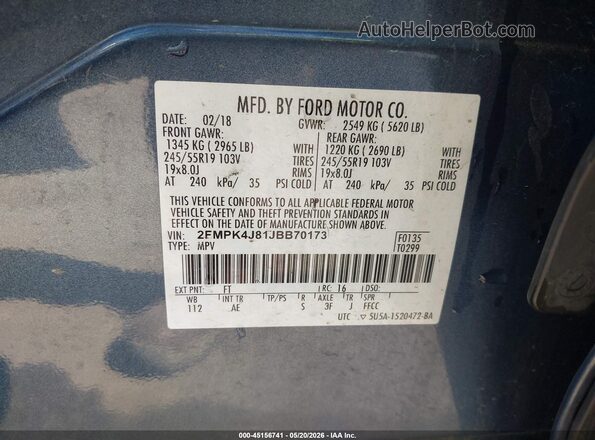 2FMPK4J81JBB70173 2018 FORD EDGE Синий Вид подкапотного пространства