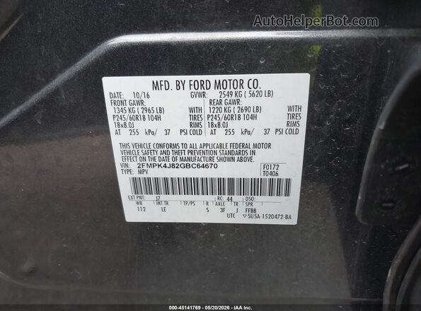 2FMPK4J82GBC64670 2016 FORD EDGE Gray ძრავის განყოფილების ხედი