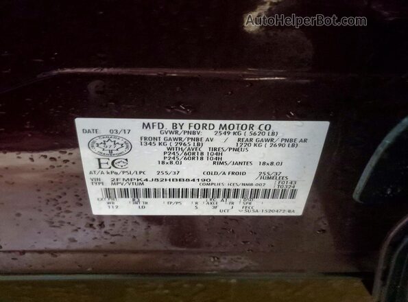 2FMPK4J82HBB84190 2017 FORD EDGE Burgundy VIN sticker view