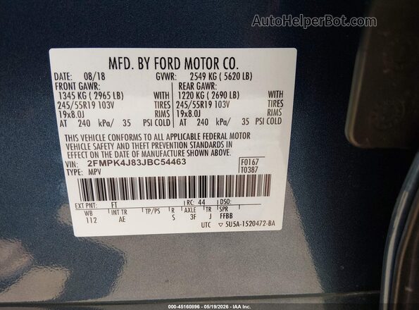 2FMPK4J83JBC54463 2018 FORD EDGE Blue Вид підкапотного простору