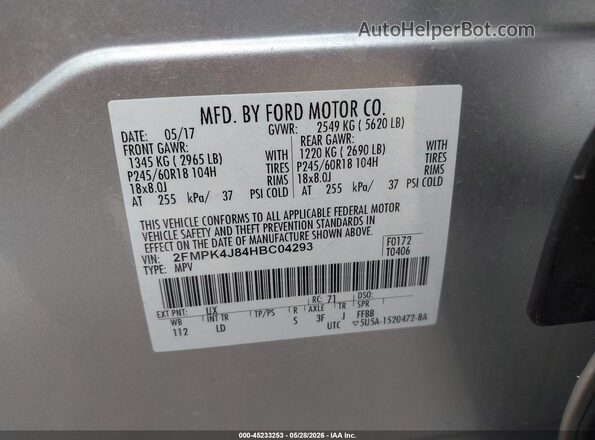 2FMPK4J84HBC04293 2017 FORD EDGE Silver ძრავის განყოფილების ხედი