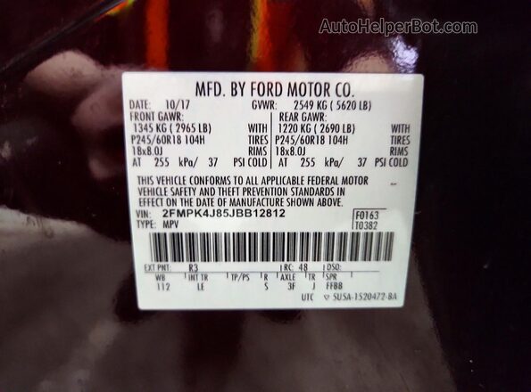 2FMPK4J85JBB12812 2018 FORD EDGE Burgundy VIN კოდის სტიკერის ხედი
